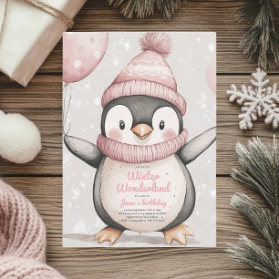 Convite Whimsical Penguin Birthday   Vintage Pink