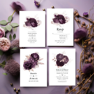 Convite Código QR de Casamento Floral Dourado e Roxo Escur