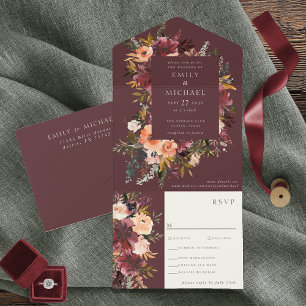 Convite Marsala Burgundy Peach Watercolor Floral