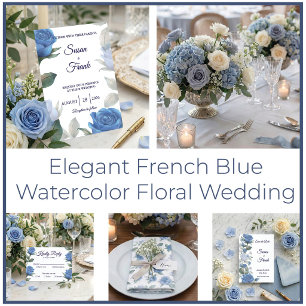 Convite Elegante Casamento Aquarela Rosa Azul Francês