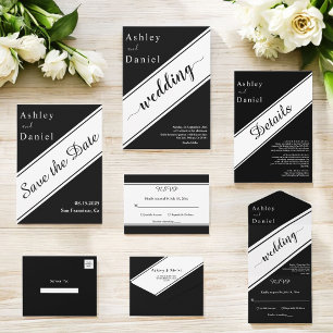 Cartão RSVP Casamento Chic Branco E Preto Moderno Elegante