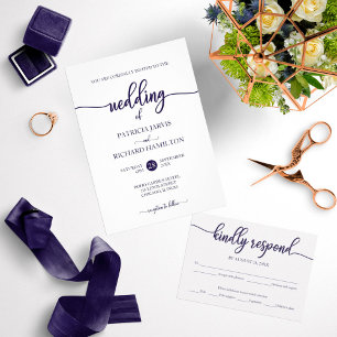 Convite Casamento De Script Branco E Azul De Marinho Elega