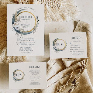 Convite Boho Blue Moon Floral Wreath Wedes