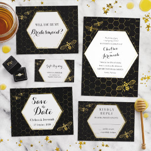 Convite Oh Honey Bee Black Dourado Casamento Personalizado