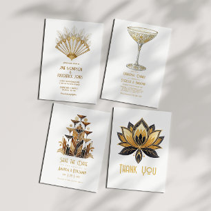 Cartão De Agradecimento Casamento Art Déco ao Estilo Gatsby com Dourado Br