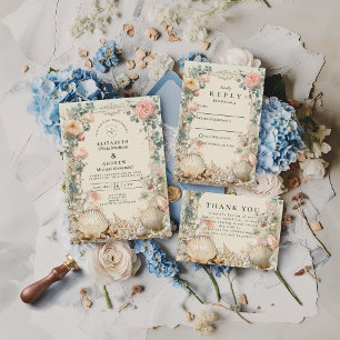 Convite Casamento Botânico de Conchas Marinhas Costeiras