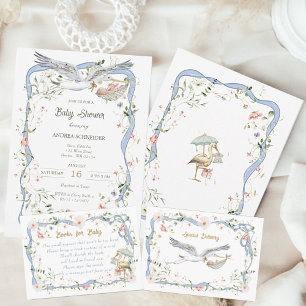 Convite Stork Ribbon and Bow Baby Shower
