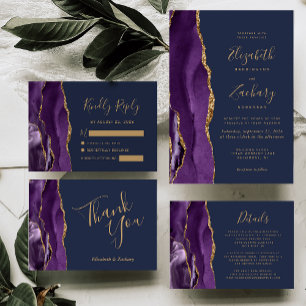 Convite Casamento Azul com Marinho de Agate Dourado Roxo M