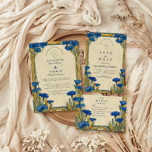 Convite Art Nouveau Blue Cornflower Wedding