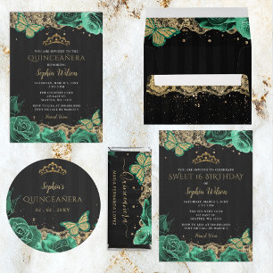 Adesivo Redondo Vintage Green Rosas Black Dourada Lace Quinceañera