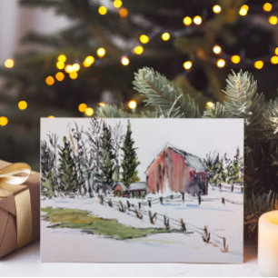 Cartão De Festividades Paisagem de Aquarela Vermelha Inverno