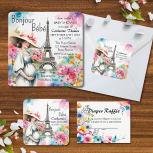 Porta-copo De Papel Quadrado Chá de fraldas de Bonjour Bebe Floral Eiffel Tower
