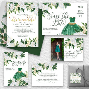 Convite Emerald Green White Peony Quinceanera e Massachuse