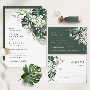 Cartão De Informações Detalhes do Casamento Tropical Sage Green Monstera