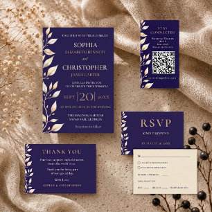 Convite Casamento com Borda Botânica Azul Elegante