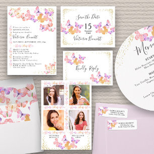 Cartão Postal De Anúncio Borboleta Céu Coral Confetti Dourado Salvar Data