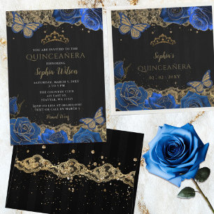 Adesivo Redondo Rosas Azuis Vintage Lace Dourado negro Quinceañera
