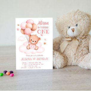 Convite Urso de peluche rosa e castanho com festa de balõe