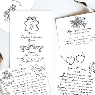 Convite Boho Doodle Letra Preta e Branco Manuscrito Simple