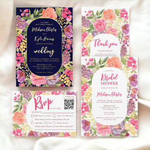 Cartão RSVP Casamento chic com guião floral brilhante da Bohem