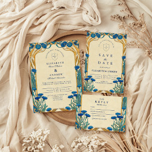 Cartão RSVP Ouro Cornflower Art Nouveau Casamento
