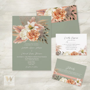 Convite de Casamento Floral em Verde Salvia e Pêss