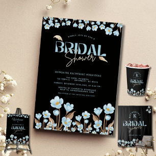 Adesivo Redondo Chá de panela Floral de Cor Azul Elegante Preto