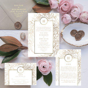 Convite Casamento Dourado Monograma de Verruga Preta Premi