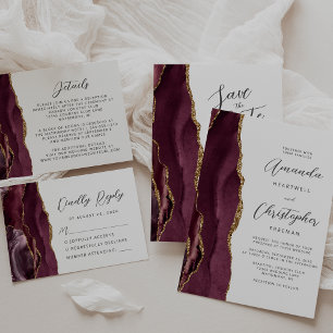 Cartão RSVP Casamento Dourado com Script Moderno Agate Burgund