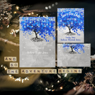 Convite Casamento de Árvore Folha de Coração Azul Cobalto