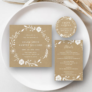 Convite Casamento Rustic Floral Botânico Faux Kraft