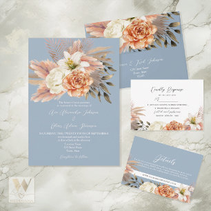 Convite Casamento Floral em Azul Poento e Pêssego