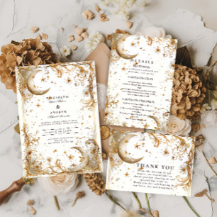 Convite Casamento Celestial Ouro Branco Lua e Estrelas