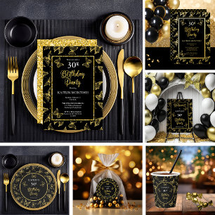 Convite Partido Elegante Black Dourado Butterflies anivers