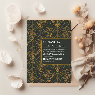 Cartão RSVP Casamento Verde Dourado com Arte Elegante