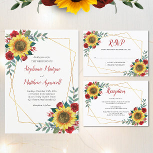Convite Geometric Sunflower Red Roses Floral Wedding