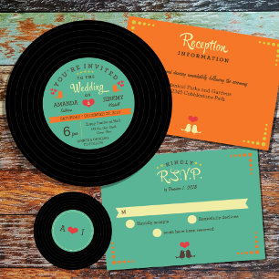 Convite Casamento Retro-Vinil - Detalhes Rosa-Esbranquiçad