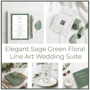 Convite Arte de Linha Floral Verde Sage Elegante Casamento