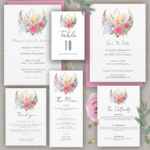 Convite Cristais Penas Flores Rosa Casamento Boho Lua