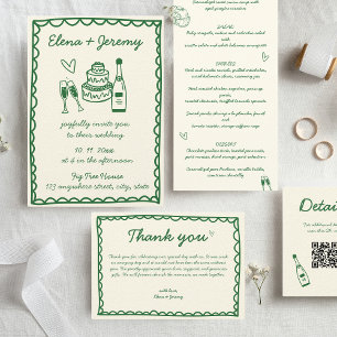 Convite Casamento Verde Francês Vintage Ilustrado