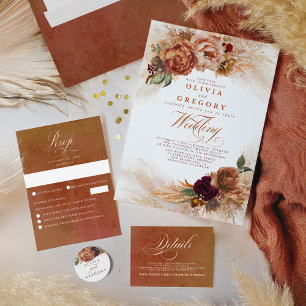 Convite Com Dobra Tripla Flores de Terracotta e Casamento de Grass de Pampa