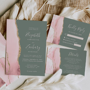 Convite Modern Blush Pink Gold Agate Sage Green Wedding