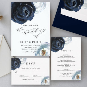 Cartão RSVP de Casamento Floral de Peony Azul Mari