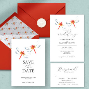 Convite Convocação de Casamento Único — Dragonflies Vermel