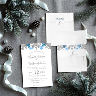 Convite Casamento no inverno Silver Blue Snowflakes