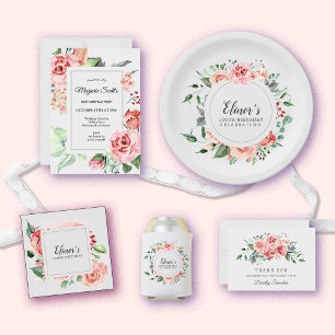 Convite Elegante Rosa Rosa Floral 100ª Festa de aniversári