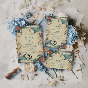 Convite Casamento Vintage Náutico com Ondas e Corda