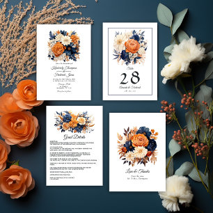 Convite Casamento Floral de marinho Azul, Laranja Queimado