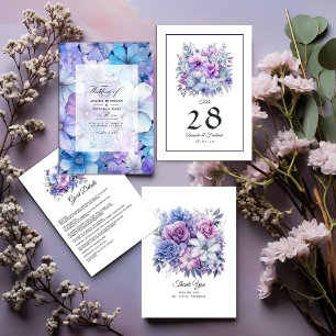 Convite Casamento Floral de Prata, Azul Icy e Lilac