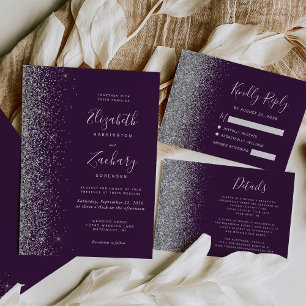 Convite Casamento de Borda Glitter de Prata Roxo Moderno E
